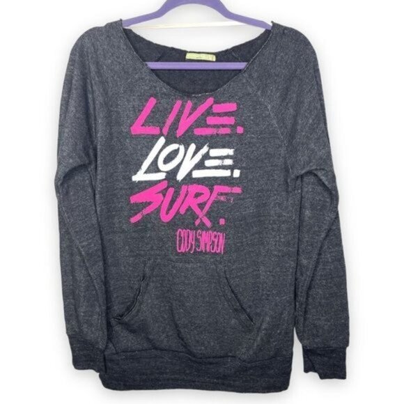 Rare Cody Simpson Size L Gray Pink Cutoff Pullover Live Love Surf Sweatshirt - Picture 1 of 10